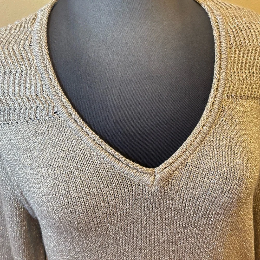 Democracy Gold Metallic Knit V-Neck Sweater, Large